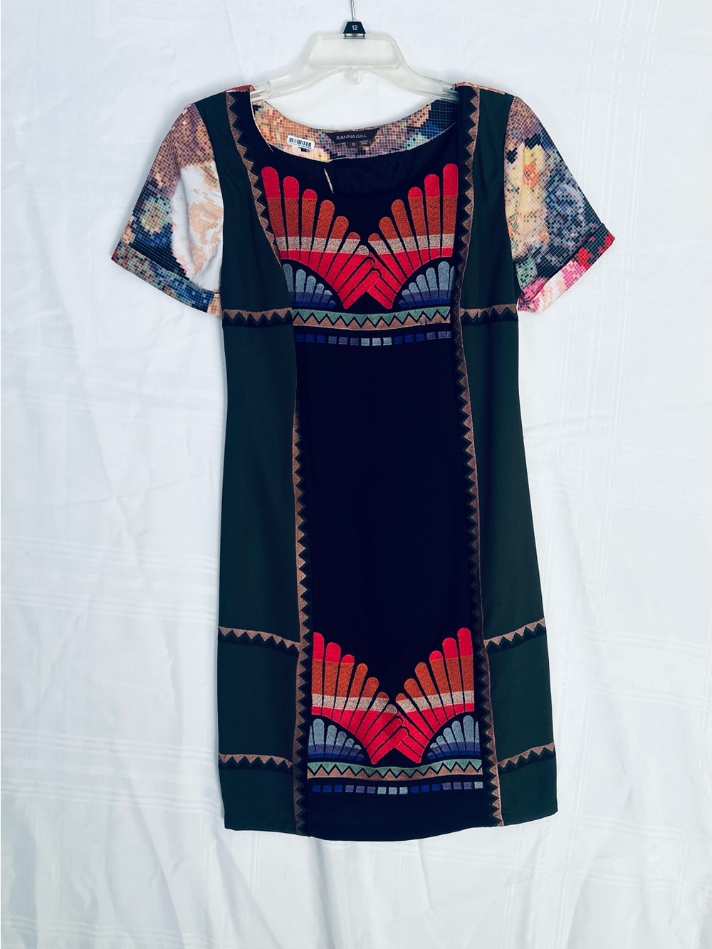 Ranna Gill Anthropology Black Shift Dress with Green Panels and Red Accents